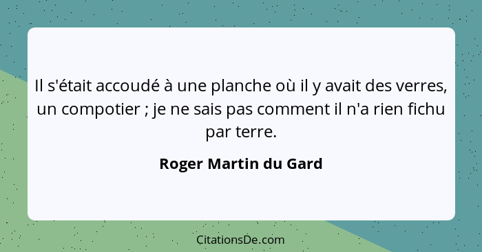 Il s'était accoudé à une planche où il y avait des verres, un compotier ; je ne sais pas comment il n'a rien fichu par ter... - Roger Martin du Gard