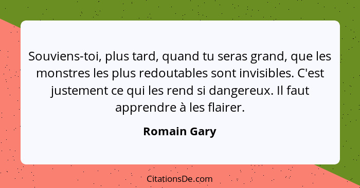 Souviens-toi, plus tard, quand tu seras grand, que les monstres les plus redoutables sont invisibles. C'est justement ce qui les rend si... - Romain Gary