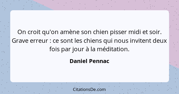 On croit qu'on amène son chien pisser midi et soir. Grave erreur : ce sont les chiens qui nous invitent deux fois par jour à la m... - Daniel Pennac