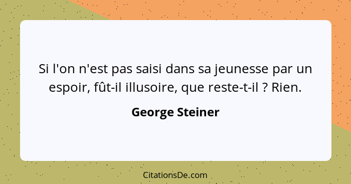 Si l'on n'est pas saisi dans sa jeunesse par un espoir, fût-il illusoire, que reste-t-il ? Rien.... - George Steiner