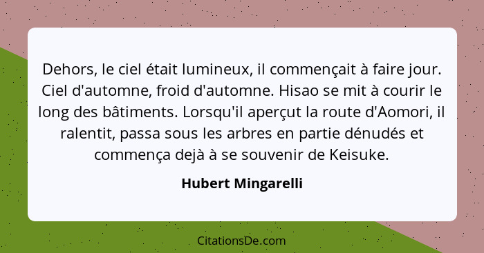 Dehors, le ciel était lumineux, il commençait à faire jour. Ciel d'automne, froid d'automne. Hisao se mit à courir le long des bât... - Hubert Mingarelli