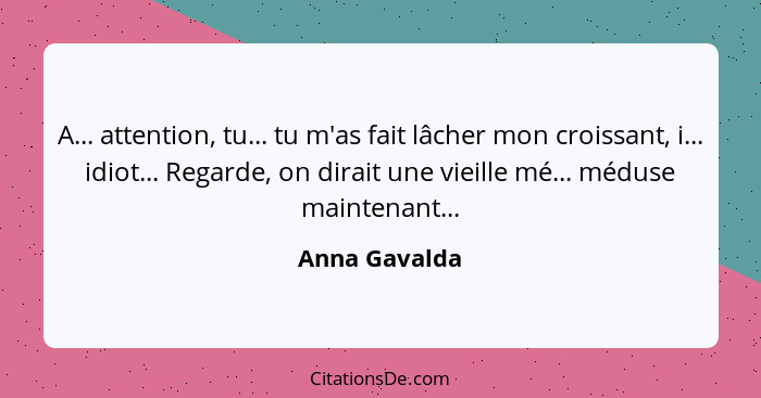 A... attention, tu... tu m'as fait lâcher mon croissant, i... idiot... Regarde, on dirait une vieille mé... méduse maintenant...... - Anna Gavalda