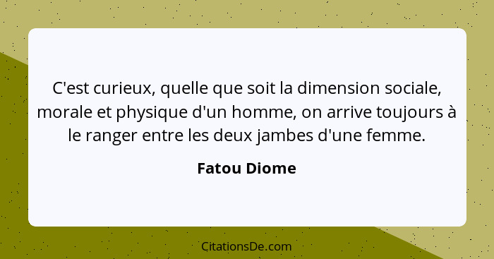 C'est curieux, quelle que soit la dimension sociale, morale et physique d'un homme, on arrive toujours à le ranger entre les deux jambes... - Fatou Diome