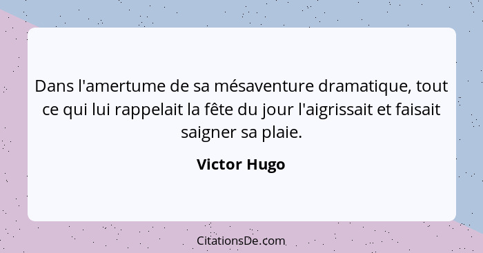 Dans l'amertume de sa mésaventure dramatique, tout ce qui lui rappelait la fête du jour l'aigrissait et faisait saigner sa plaie.... - Victor Hugo