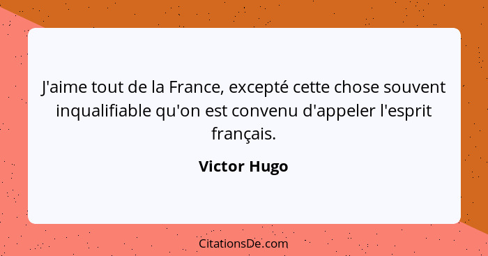 J'aime tout de la France, excepté cette chose souvent inqualifiable qu'on est convenu d'appeler l'esprit français.... - Victor Hugo