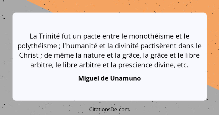 La Trinité fut un pacte entre le monothéisme et le polythéisme ; l'humanité et la divinité pactisèrent dans le Christ ;... - Miguel de Unamuno