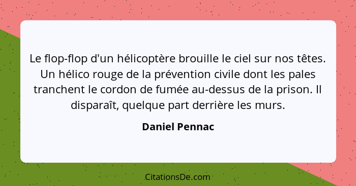 Le flop-flop d'un hélicoptère brouille le ciel sur nos têtes. Un hélico rouge de la prévention civile dont les pales tranchent le cord... - Daniel Pennac