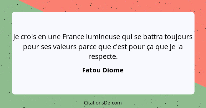 Je crois en une France lumineuse qui se battra toujours pour ses valeurs parce que c'est pour ça que je la respecte.... - Fatou Diome