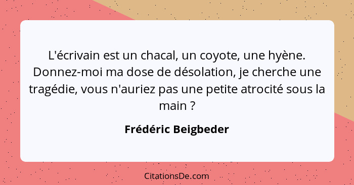 L'écrivain est un chacal, un coyote, une hyène. Donnez-moi ma dose de désolation, je cherche une tragédie, vous n'auriez pas une... - Frédéric Beigbeder