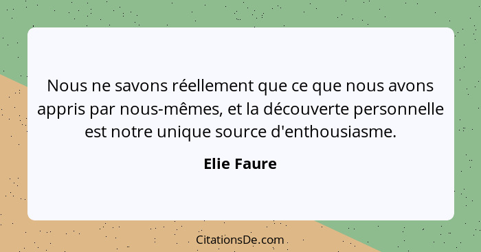 Nous ne savons réellement que ce que nous avons appris par nous-mêmes, et la découverte personnelle est notre unique source d'enthousiasm... - Elie Faure