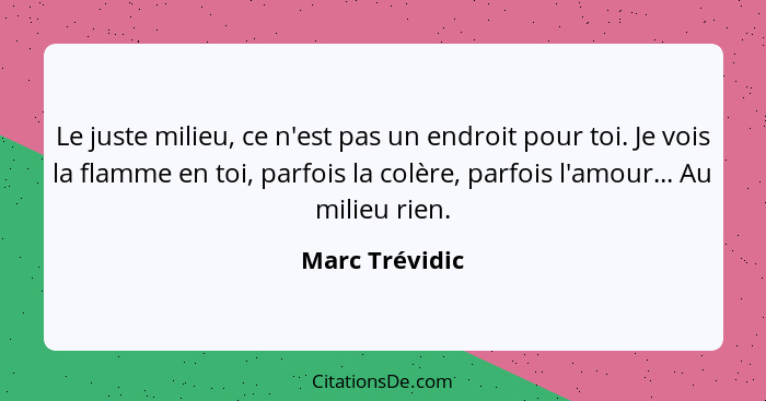 Le juste milieu, ce n'est pas un endroit pour toi. Je vois la flamme en toi, parfois la colère, parfois l'amour... Au milieu rien.... - Marc Trévidic