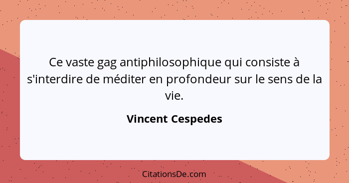 Ce vaste gag antiphilosophique qui consiste à s'interdire de méditer en profondeur sur le sens de la vie.... - Vincent Cespedes