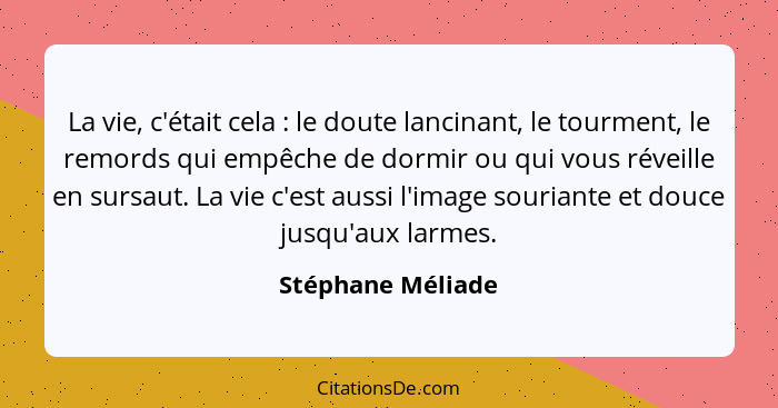 La vie, c'était cela : le doute lancinant, le tourment, le remords qui empêche de dormir ou qui vous réveille en sursaut. La v... - Stéphane Méliade