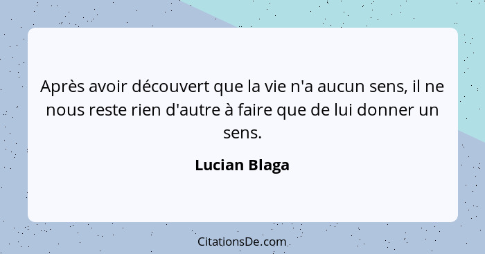 Après avoir découvert que la vie n'a aucun sens, il ne nous reste rien d'autre à faire que de lui donner un sens.... - Lucian Blaga