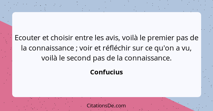 Ecouter et choisir entre les avis, voilà le premier pas de la connaissance ; voir et réfléchir sur ce qu'on a vu, voilà le second pas... - Confucius