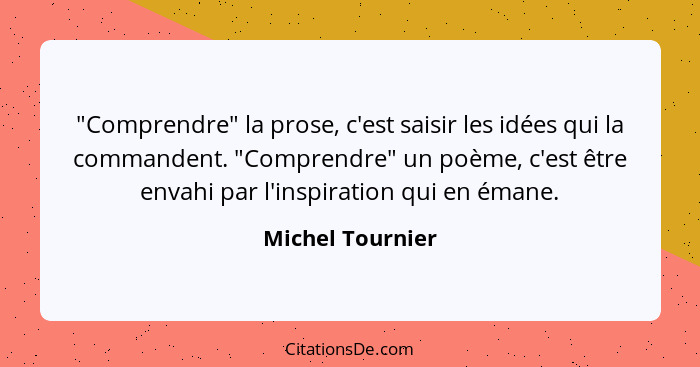 "Comprendre" la prose, c'est saisir les idées qui la commandent. "Comprendre" un poème, c'est être envahi par l'inspiration qui en é... - Michel Tournier