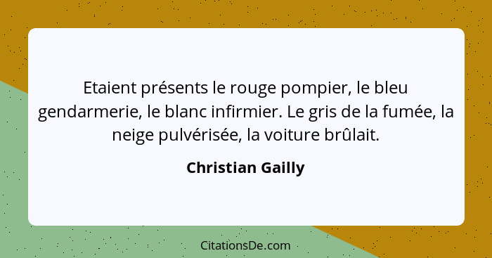 Etaient présents le rouge pompier, le bleu gendarmerie, le blanc infirmier. Le gris de la fumée, la neige pulvérisée, la voiture br... - Christian Gailly