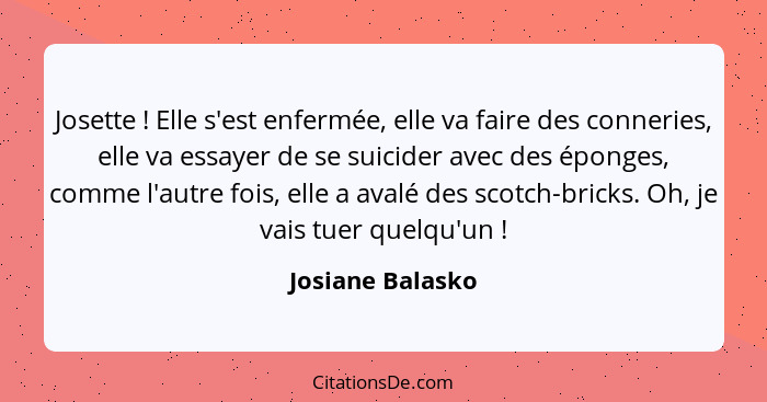 Josette ! Elle s'est enfermée, elle va faire des conneries, elle va essayer de se suicider avec des éponges, comme l'autre fois... - Josiane Balasko