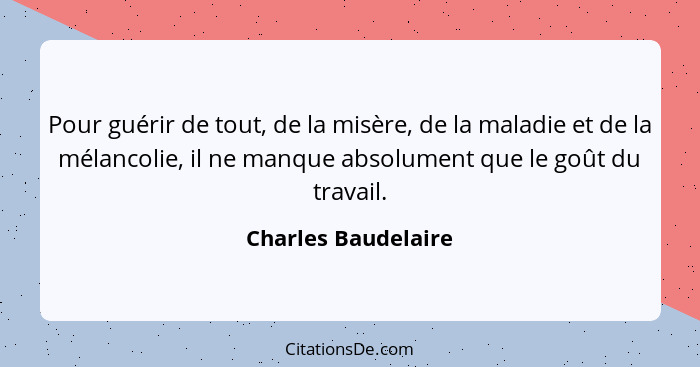 Pour guérir de tout, de la misère, de la maladie et de la mélancolie, il ne manque absolument que le goût du travail.... - Charles Baudelaire