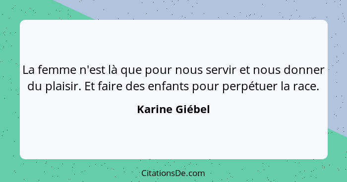 La femme n'est là que pour nous servir et nous donner du plaisir. Et faire des enfants pour perpétuer la race.... - Karine Giébel