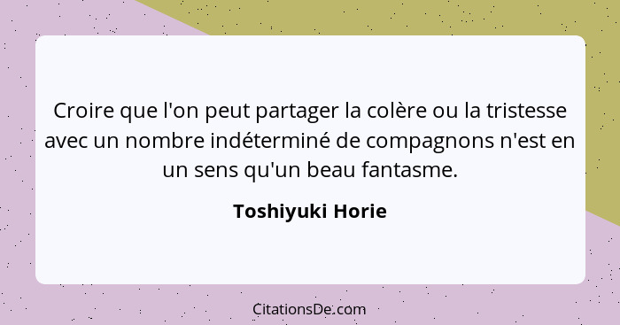 Croire que l'on peut partager la colère ou la tristesse avec un nombre indéterminé de compagnons n'est en un sens qu'un beau fantasm... - Toshiyuki Horie