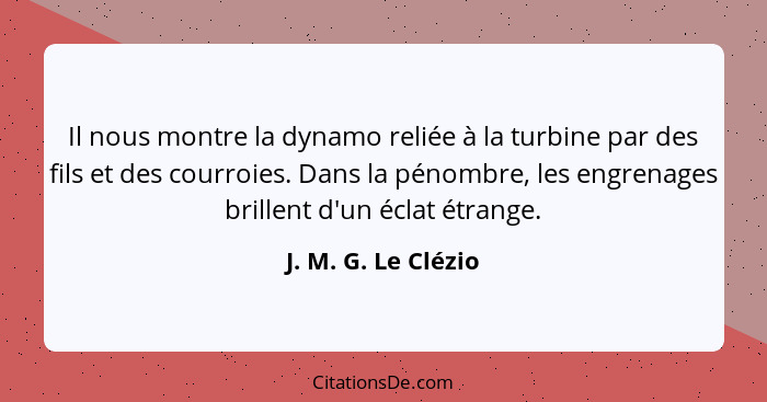 Il nous montre la dynamo reliée à la turbine par des fils et des courroies. Dans la pénombre, les engrenages brillent d'un éclat... - J. M. G. Le Clézio