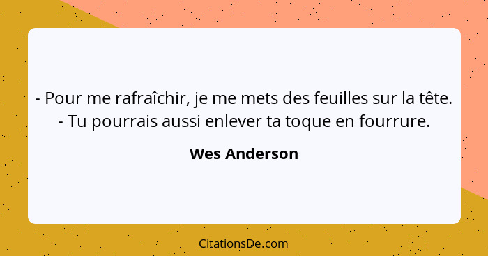 - Pour me rafraîchir, je me mets des feuilles sur la tête. - Tu pourrais aussi enlever ta toque en fourrure.... - Wes Anderson