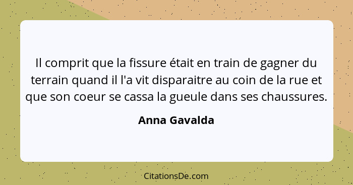 Il comprit que la fissure était en train de gagner du terrain quand il l'a vit disparaitre au coin de la rue et que son coeur se cassa... - Anna Gavalda