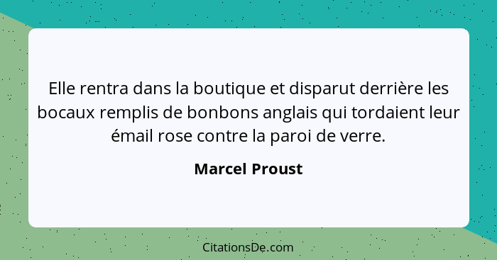 Elle rentra dans la boutique et disparut derrière les bocaux remplis de bonbons anglais qui tordaient leur émail rose contre la paroi... - Marcel Proust