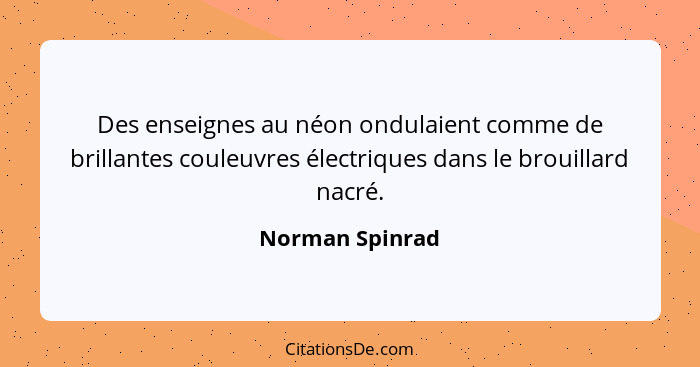 Des enseignes au néon ondulaient comme de brillantes couleuvres électriques dans le brouillard nacré.... - Norman Spinrad