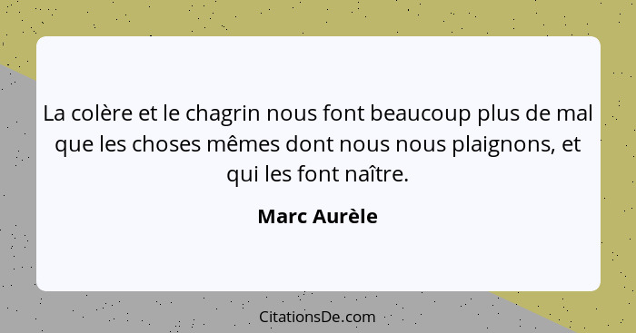 La colère et le chagrin nous font beaucoup plus de mal que les choses mêmes dont nous nous plaignons, et qui les font naître.... - Marc Aurèle