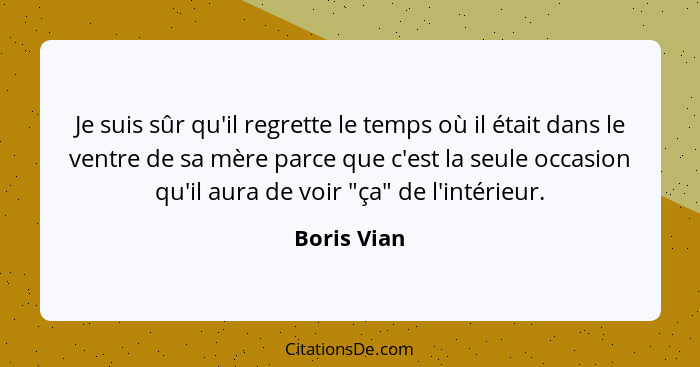 Je suis sûr qu'il regrette le temps où il était dans le ventre de sa mère parce que c'est la seule occasion qu'il aura de voir "ça" de l'... - Boris Vian