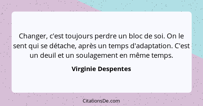 Changer, c'est toujours perdre un bloc de soi. On le sent qui se détache, après un temps d'adaptation. C'est un deuil et un soula... - Virginie Despentes