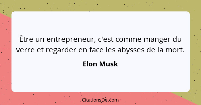 Être un entrepreneur, c'est comme manger du verre et regarder en face les abysses de la mort.... - Elon Musk