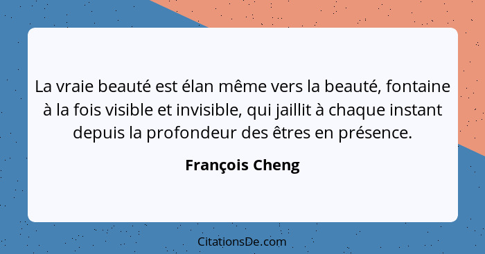 La vraie beauté est élan même vers la beauté, fontaine à la fois visible et invisible, qui jaillit à chaque instant depuis la profond... - François Cheng