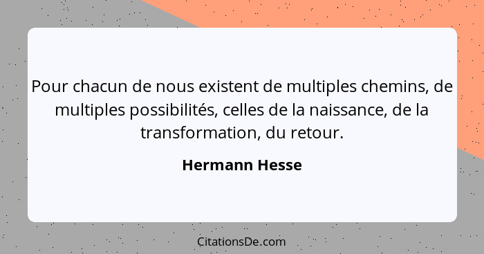 Pour chacun de nous existent de multiples chemins, de multiples possibilités, celles de la naissance, de la transformation, du retour.... - Hermann Hesse