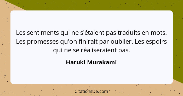 Les sentiments qui ne s'étaient pas traduits en mots. Les promesses qu'on finirait par oublier. Les espoirs qui ne se réaliseraient... - Haruki Murakami