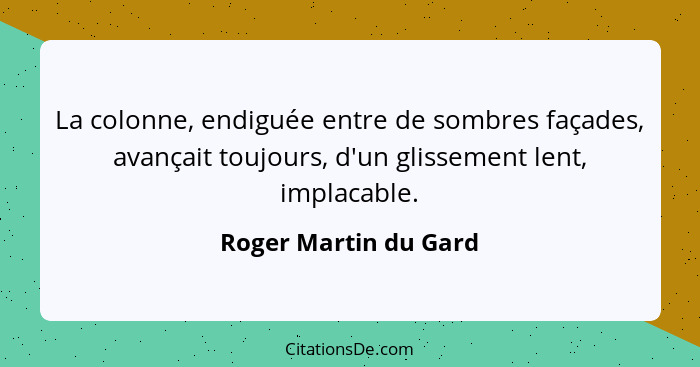 La colonne, endiguée entre de sombres façades, avançait toujours, d'un glissement lent, implacable.... - Roger Martin du Gard