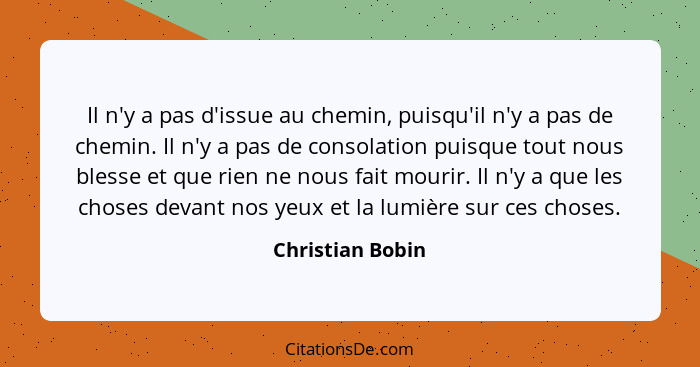 Il n'y a pas d'issue au chemin, puisqu'il n'y a pas de chemin. Il n'y a pas de consolation puisque tout nous blesse et que rien ne n... - Christian Bobin