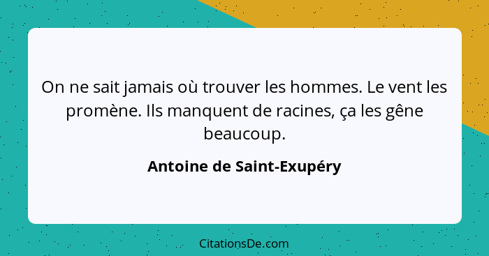 On ne sait jamais où trouver les hommes. Le vent les promène. Ils manquent de racines, ça les gêne beaucoup.... - Antoine de Saint-Exupéry