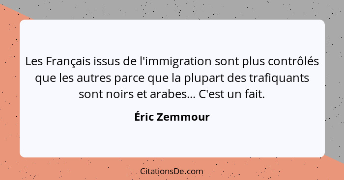 Les Français issus de l'immigration sont plus contrôlés que les autres parce que la plupart des trafiquants sont noirs et arabes... C'e... - Éric Zemmour