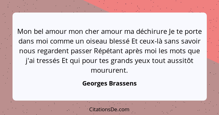 Mon bel amour mon cher amour ma déchirure Je te porte dans moi comme un oiseau blessé Et ceux-là sans savoir nous regardent passer... - Georges Brassens