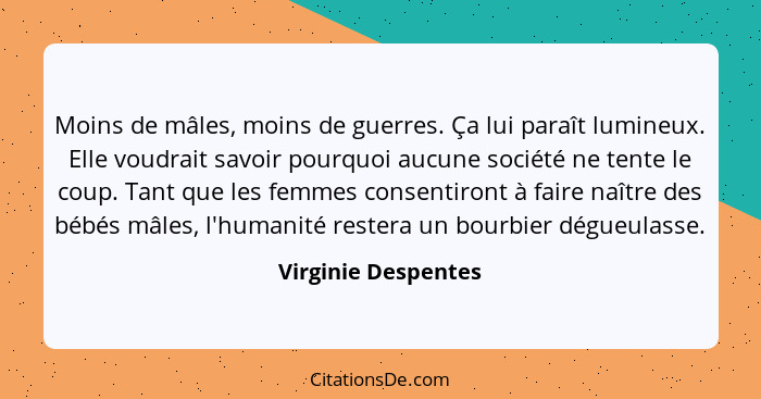 Moins de mâles, moins de guerres. Ça lui paraît lumineux. Elle voudrait savoir pourquoi aucune société ne tente le coup. Tant que... - Virginie Despentes