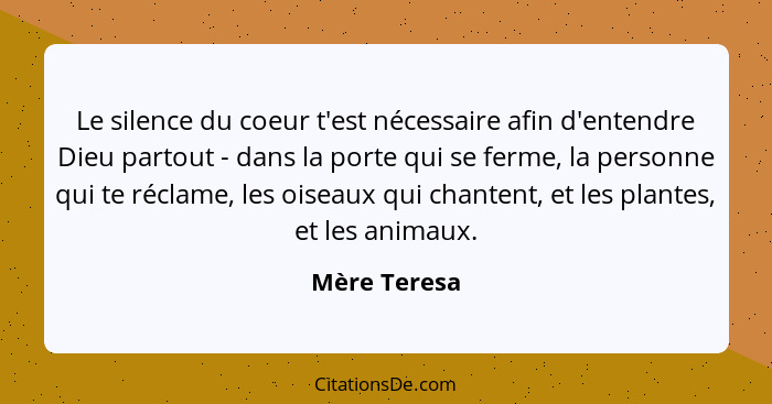 Le silence du coeur t'est nécessaire afin d'entendre Dieu partout - dans la porte qui se ferme, la personne qui te réclame, les oiseaux... - Mère Teresa