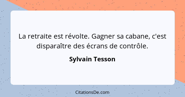 La retraite est révolte. Gagner sa cabane, c'est disparaître des écrans de contrôle.... - Sylvain Tesson