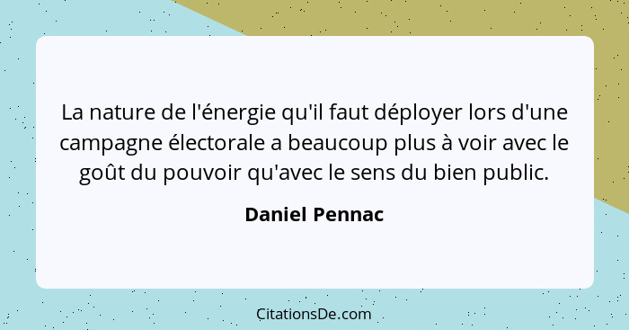 La nature de l'énergie qu'il faut déployer lors d'une campagne électorale a beaucoup plus à voir avec le goût du pouvoir qu'avec le se... - Daniel Pennac