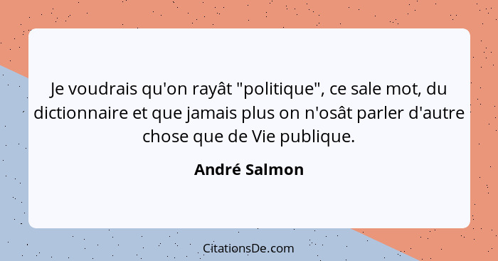 Je voudrais qu'on rayât "politique", ce sale mot, du dictionnaire et que jamais plus on n'osât parler d'autre chose que de Vie publique... - André Salmon