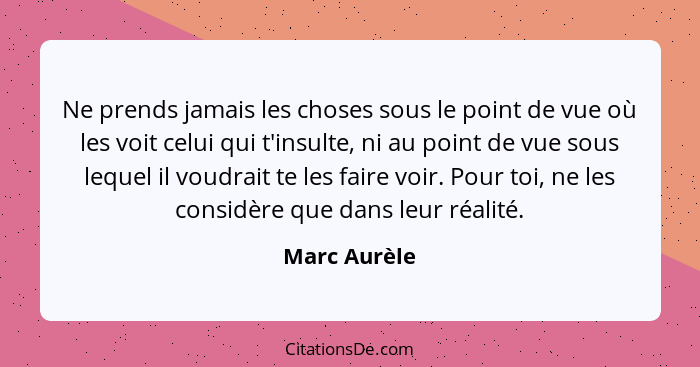 Ne prends jamais les choses sous le point de vue où les voit celui qui t'insulte, ni au point de vue sous lequel il voudrait te les fair... - Marc Aurèle