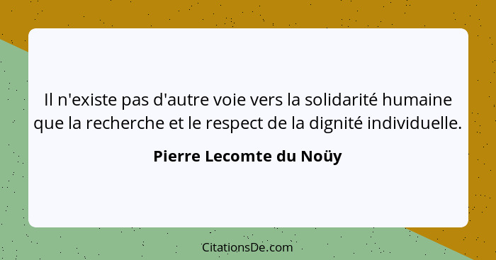 Il n'existe pas d'autre voie vers la solidarité humaine que la recherche et le respect de la dignité individuelle.... - Pierre Lecomte du Noüy