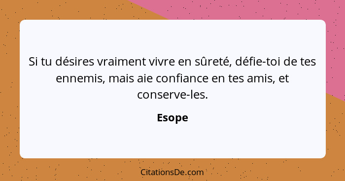 Si tu désires vraiment vivre en sûreté, défie-toi de tes ennemis, mais aie confiance en tes amis, et conserve-les.... - Esope